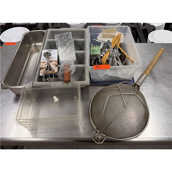 Multiple Kitchen Essentials: Strainer, Utensils, Plastic Containers, etc