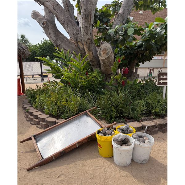 Wooden Pig Carrier w/ Metal Bottom 46" x 27" & 4 Buckets Imu Pohaku