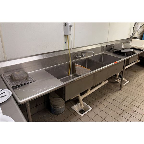 Metal 3-Basin Sink w/ Drainboards, Faucet 182"L x 28"W (contents not included)
