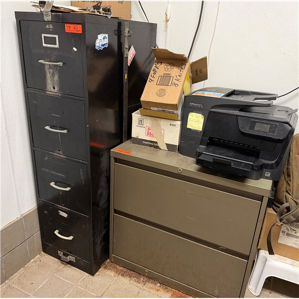 Qty 2 Metal Filing Cabinets: Vertical 4-Drawer & Lateral 2 Drawer, Misc Sizes  (contents not include
