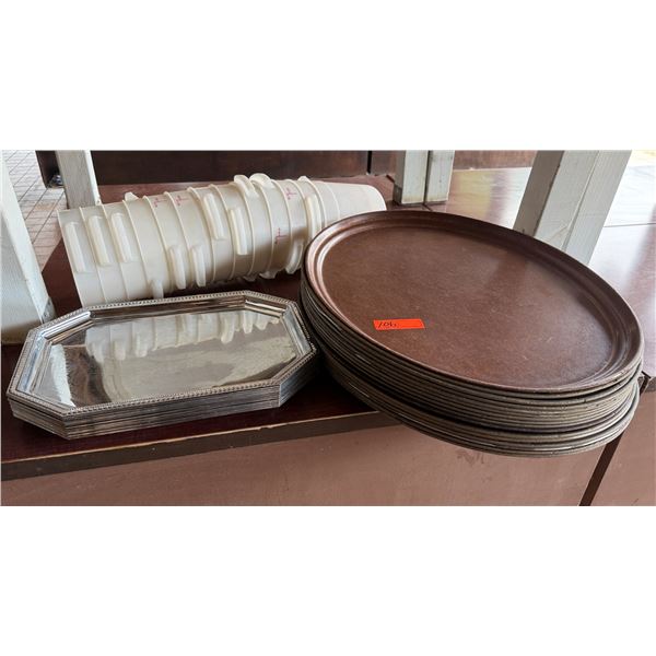 Multiple Round & Metal Trays w/ White Plastic Measuring Buckets