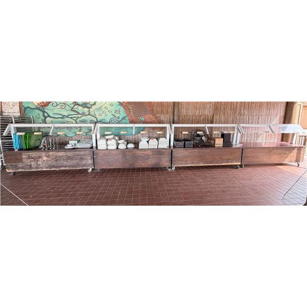 Qty 4 Mobile Buffet or Condiment Bar Sections w/ Clear Sneeze Guard & Some Pans