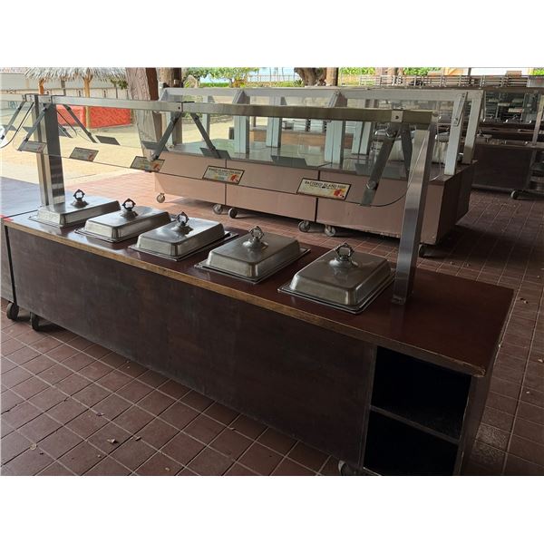 Qty 2 Mobile Buffet or Condiment Bar Sections w/ Clear Sneeze Guard & Some Pans