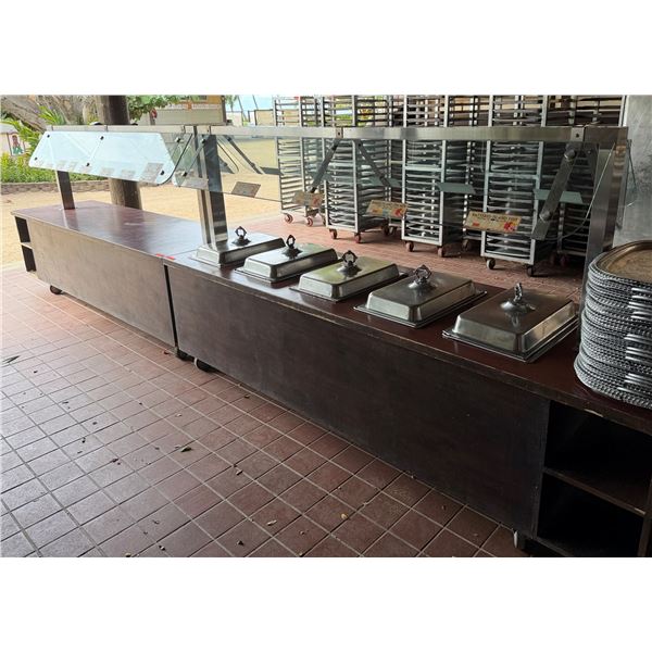 Qty 2 Mobile Buffet or Condiment Bar Sections w/ Clear Sneeze Guard & Some Pans (contents not includ