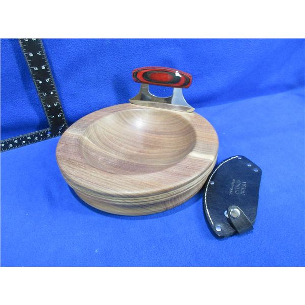 Custom Cutlery Ulu Knife with Sheath and Wood Chopping Bowl