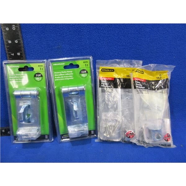 NEW - 2 Hillman Heavy Duty Hasps 7 1/4" & 2 Stanley 6" Rotating Post Hasps