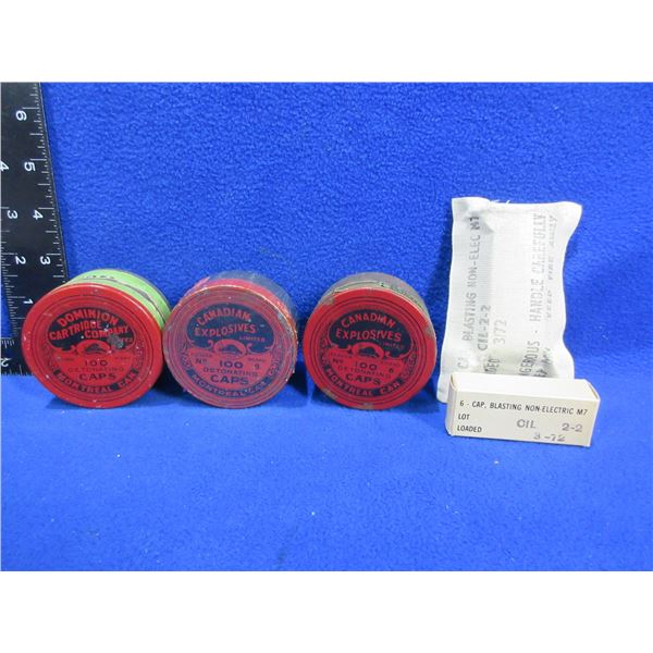 3 Empty Detonating Cap Tins and Empty Blasting Cap Box with Bag