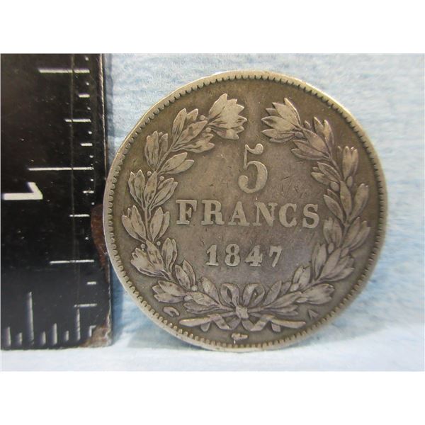 1847 France 5 Francs Coin "Louis Philippe I" - .900 Silver