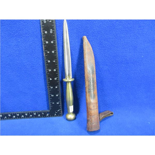 Brass Handle Dagger with Incorrect Leather Sheath - 6 1/4" Blade