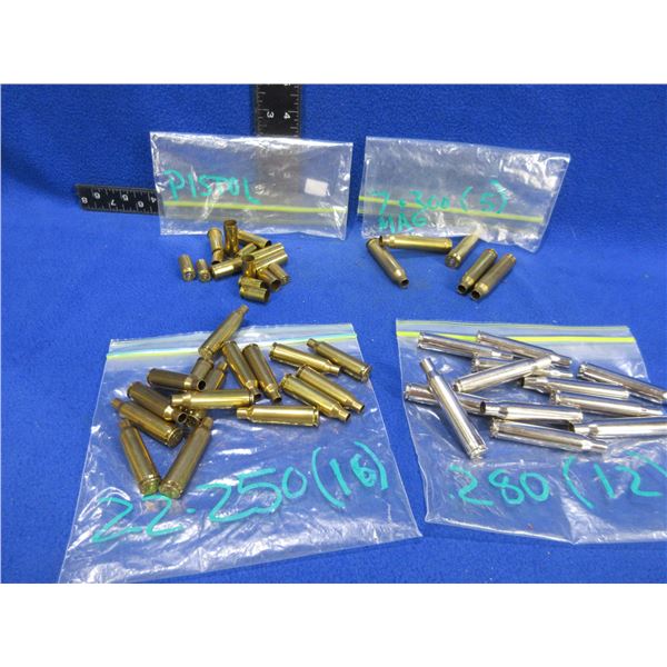 Misc. Unprimed Brass - 22-250 x 16, 7MM Rem Mag x 5, 280 Rem x 12, 15 Assorted Pistol