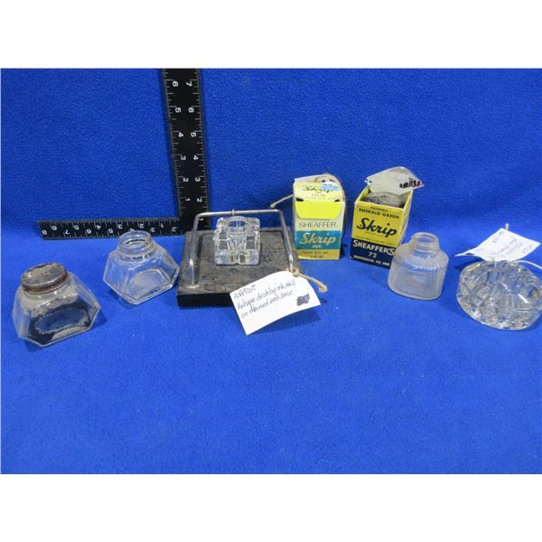 Lot of Misc. Vintage Ink Wells, Ink Bottles and a Glass Flower Frog