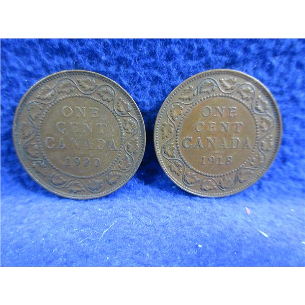 2 Canadian One Cent Coins - 1918 and 1920 - George V