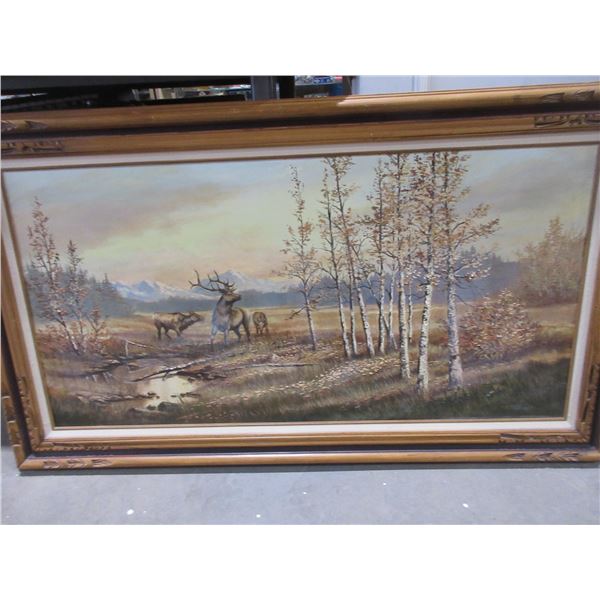 Framed Painting by Jerry Doell - Elk and Trees - 56" x 32 1/4"