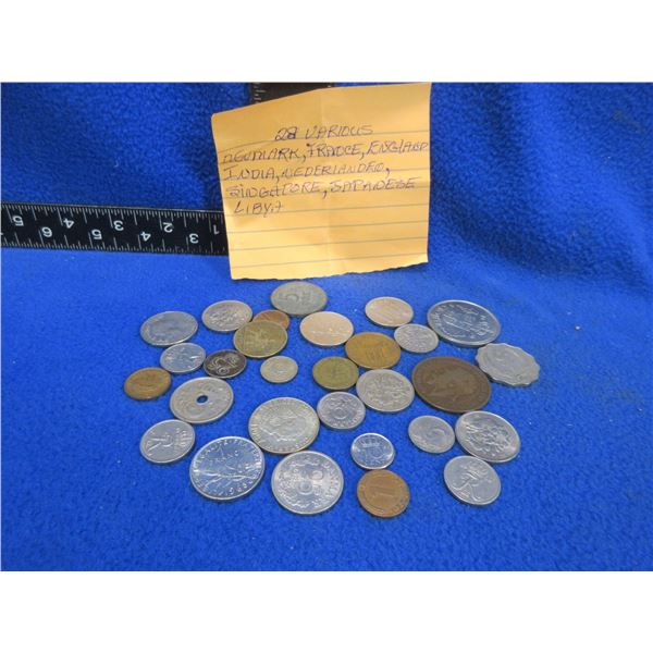 28 Assorted Coins - Denmark, France, England, India, Netherlands, Etc.