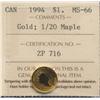 Image 1 : 1994 Gold Maple Leaf One Dollar - 1/20th Ounce