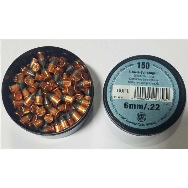 RWS Flobert-Rundkugein 6mm/.22 Cone Breech Caps (150 Count) UPC 4000294193569 SKU 2319356