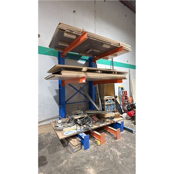 CANTILEVER SHELVING WITH CONTENTS INCLUDING; 3/4" WOOD SHEETS, TOOLS & MORE