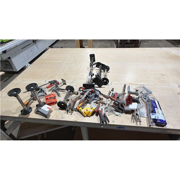 ASSORTED TOOLS INCLUDING; CLAMPS, CORNER LASER LEVEL, FOLDABLE BRACKET & MORE