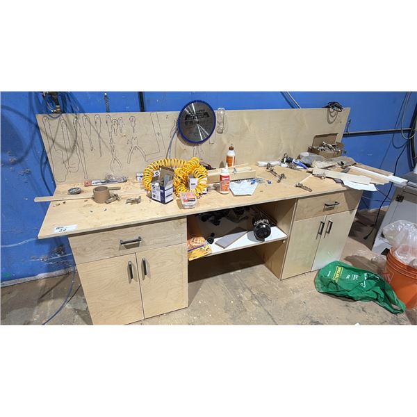 WOOD 2-DRAWER 4-DOOR SHOP CABINET WITH ASSORTED CONTENTS