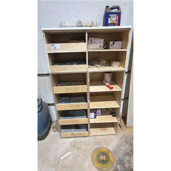 12-BAY CABINET WITH ASSORTED CONTENTS