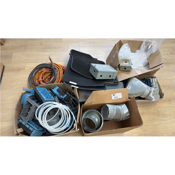 ASSORTED ITEMS INCLUDING; FURNACE DUCTING, ELECTRICAL BOXES, CAR FLOOR MATS & MORE