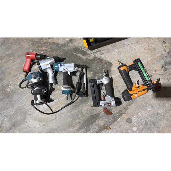 ASSORTED TOOLS INCLUDING; BOSTITCH NAILER, MAKITA ROUTER & AIR TOOLS