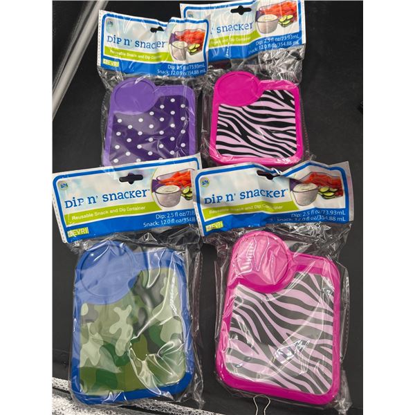 Lot of 4 Reusable Dip n’ Snacker Snack and Dip Containers, 2.5 oz & 12.0 oz