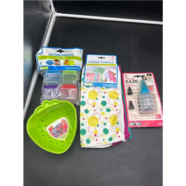 Lot of Kitchen Items Including Dish Cloths, Icing Set,  Portion Containers, and Strawberry-shaped Bo