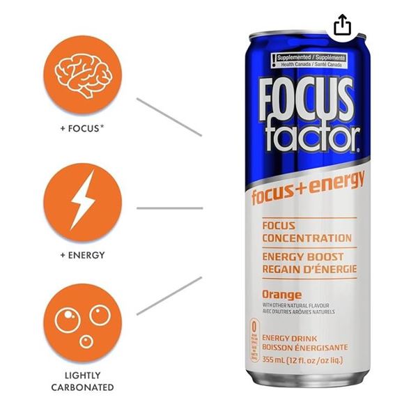 Focus Factor Energy Drink, Focus + Energy, Orange, 12-Pack, 355 mL Cans