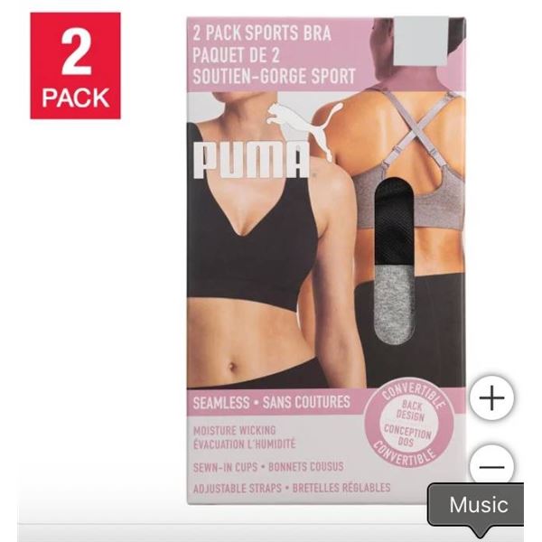 PUMA 2 Pack Seamless Sports Bras with Convertible Straps – Size M