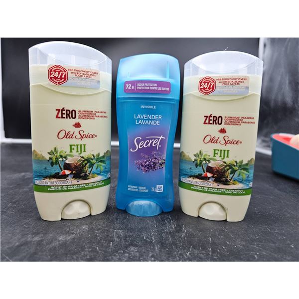 3 Deodorants: Old Spice Fiji Zero (2) and Secret Lavender (1)