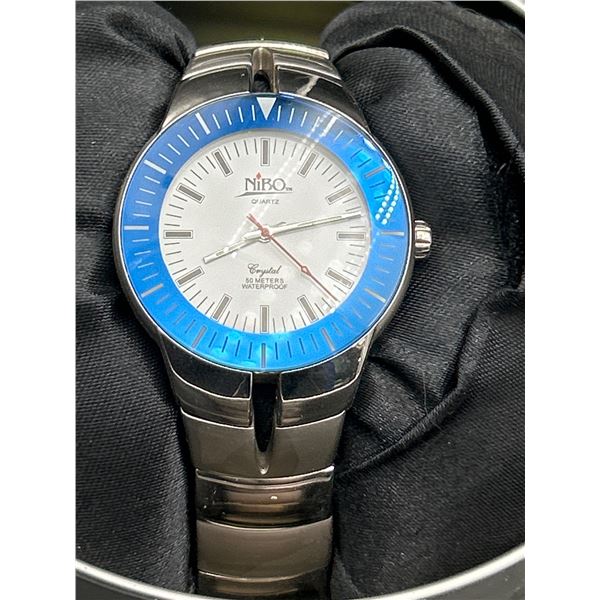 NIBO Quartz Watch with Blue Bezel and Stainless Steel Band
