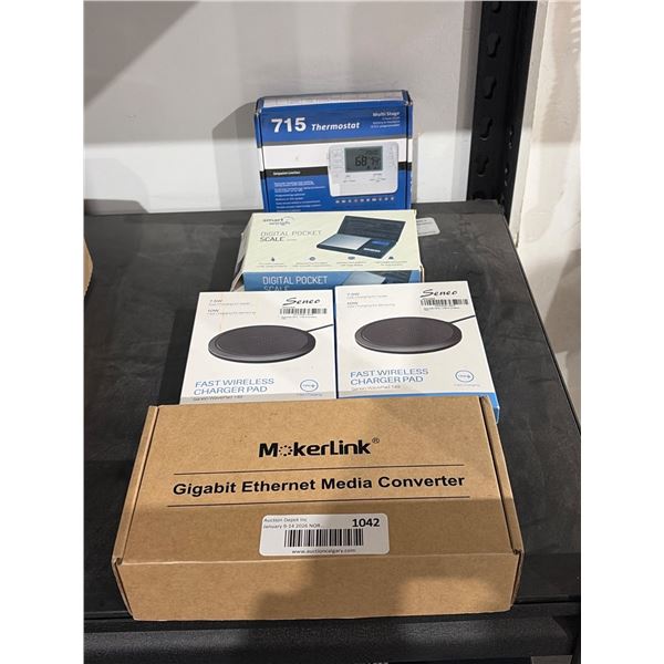 Assorted Lot of Electronics: Wireless Charger Pads, Thermostat, Scale, and Media Converter
