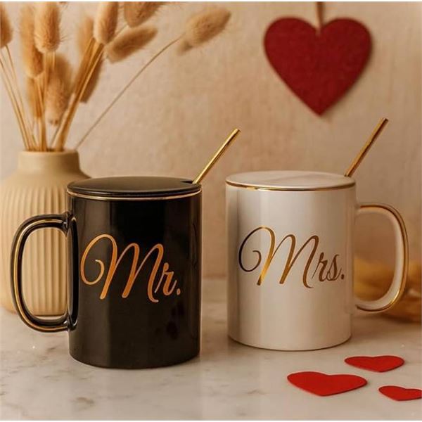 Clgifted Mr. And Mrs. Set of Two Ceramic Coffee Mugs with Accessories