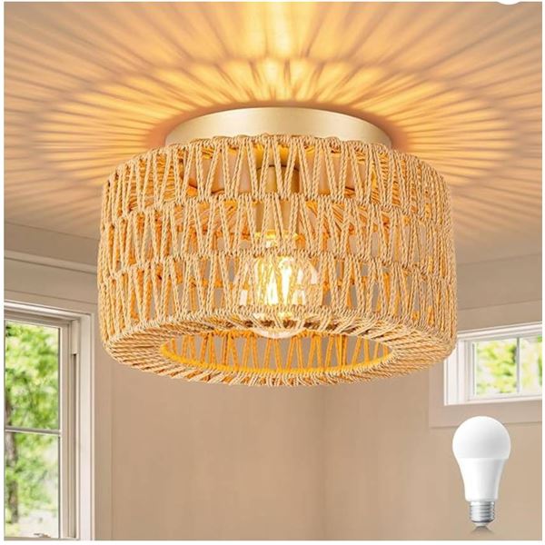 Round Rattan LED Ceiling Light Fixture with Assembly Guide