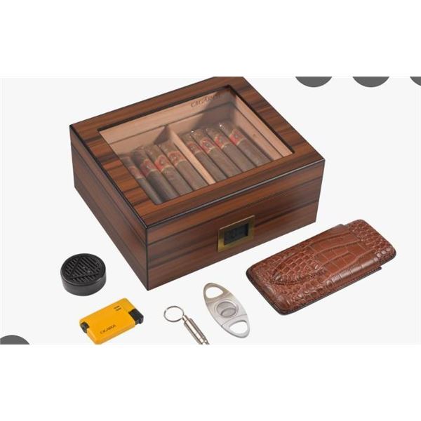 Cigarol Black Ebony Humidor with Glass Top and Accessories