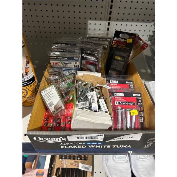 LOT OF ASSORTED Hardware and Tools Including Anchors, Stud Finder, Padlock, and More