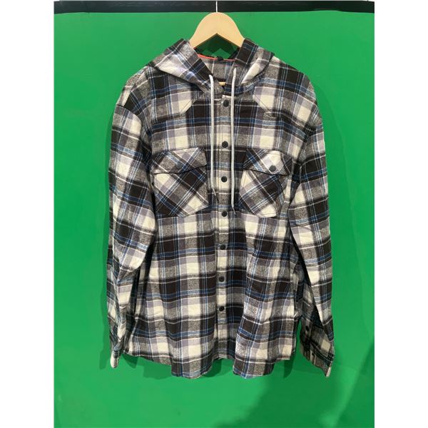 Plaid Long-Sleeve Hooded Shirt Jacket , Size L