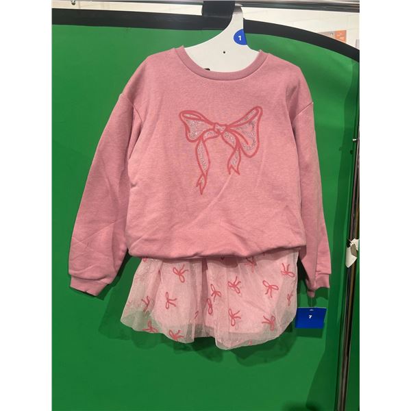 Girls’ Pink Sweater and Skirt Set with Bow Design, Size 7