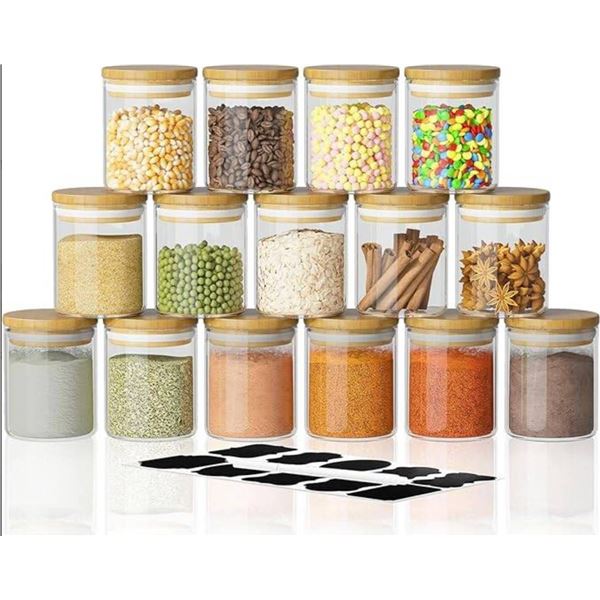 Glass Storage Jar Set with Wooden Lids, 15 Pieces, 6 oz/175 ml Capacity Per Jar