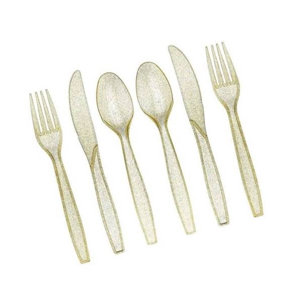 Prestee 180 Gold Glitter Plastic Silverware Cutlery Set