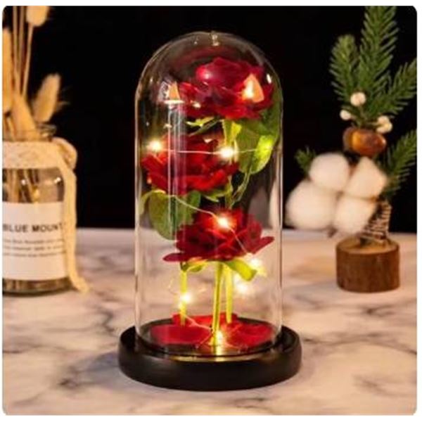 AKIYHT LED-Illuminated Artificial Rose Display in Glass Dome