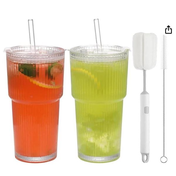 CJWLKJ 20oz Ribbed Glass Cups Set with Lids and Brushes