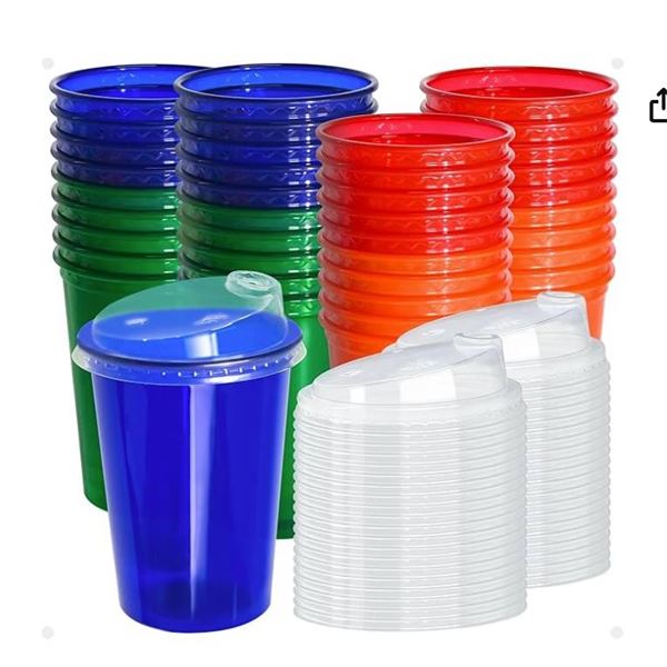 EcoDispose 40 Pack 12 oz Disposable Plastic Cups with Lids, Spill Proof, 4 Colors (Red, Orange, Gree