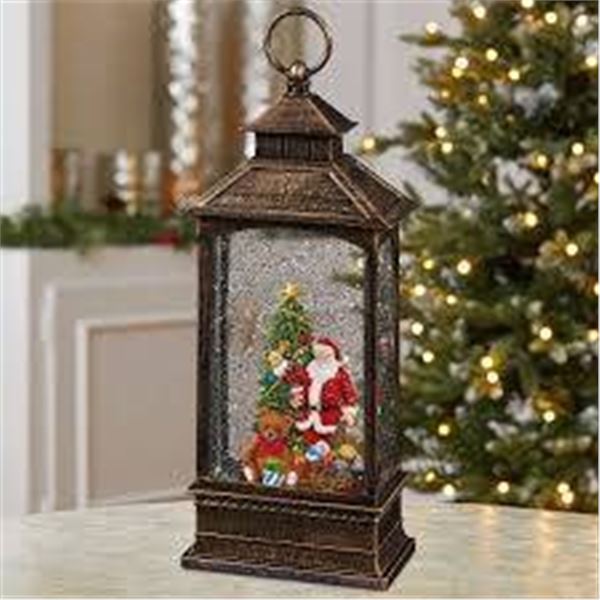 Holiday Lantern with LED Light Featuring Santa and Tree