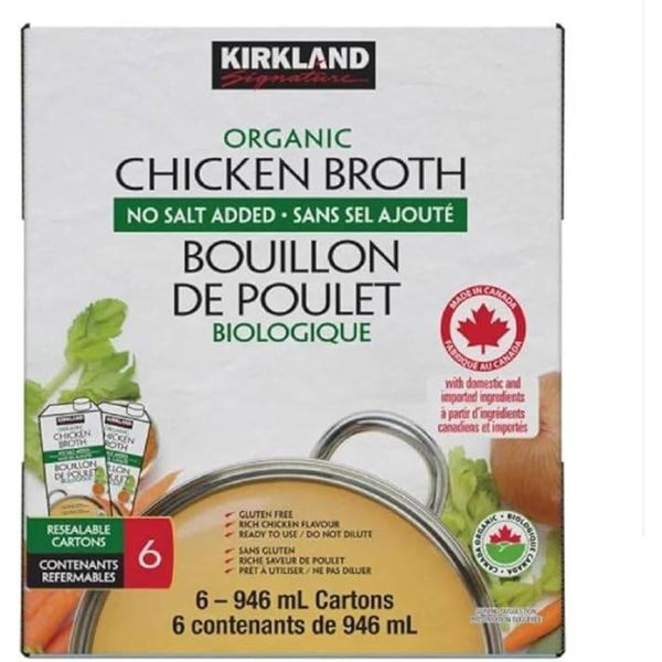 Kirkland Signature Organic Chicken Broth – 6 x 946 mL Cartons