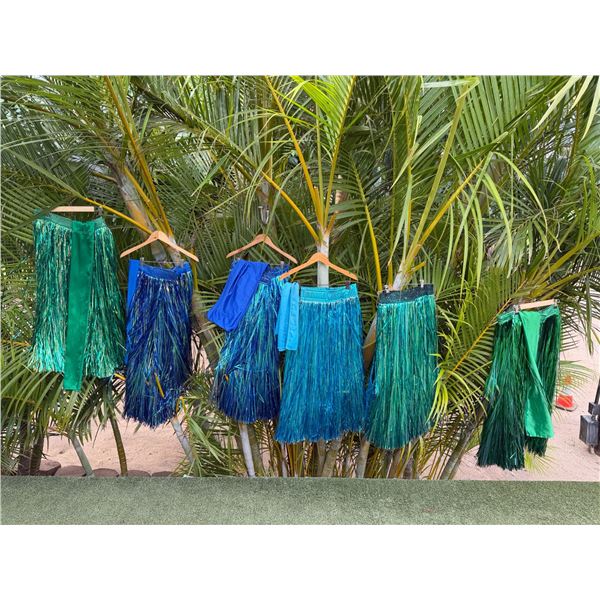 Qty 6 Blue and Green Metallic Artificial Grass Hula Skirts