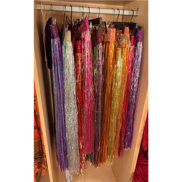 Qty 11 Metallic Fringe Artificial Hula Dance Skirts, Misc Colors