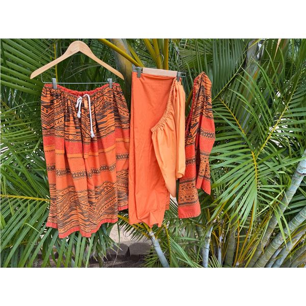 Qty 13 Orange Patterned Costume Pieces: Skirts, Slips & Tops