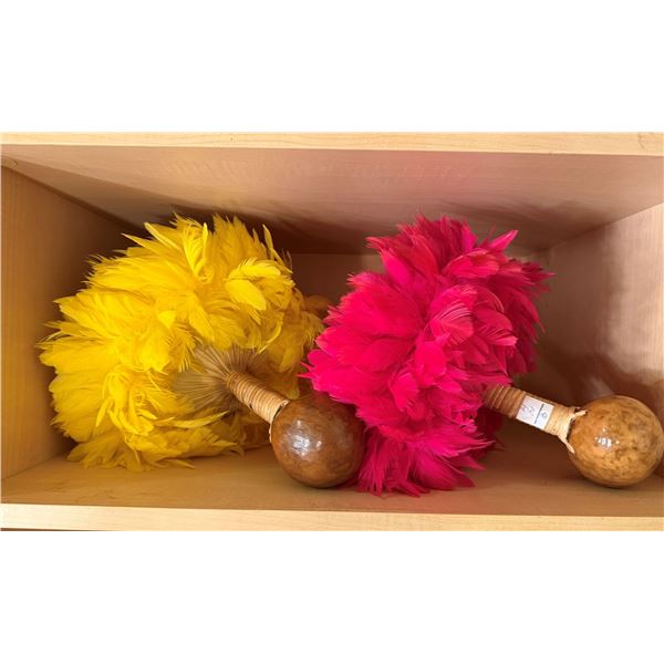 Qty 2 Uli Uli Feathered Gourd Hula Implements